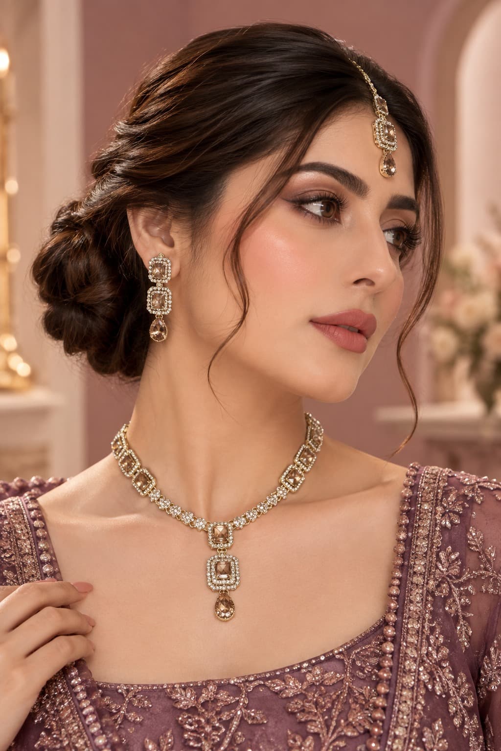 Golden Zircon Party Set | Elegant Traditional Jewellery Set-Party Set - 0054