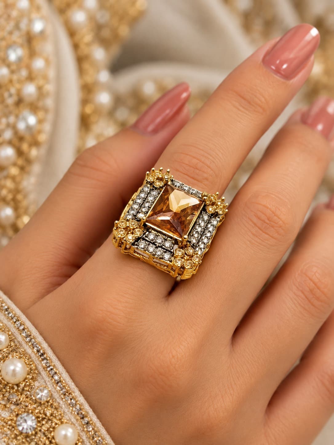 Amber Square Halo Ring-Finger Ring - 0123