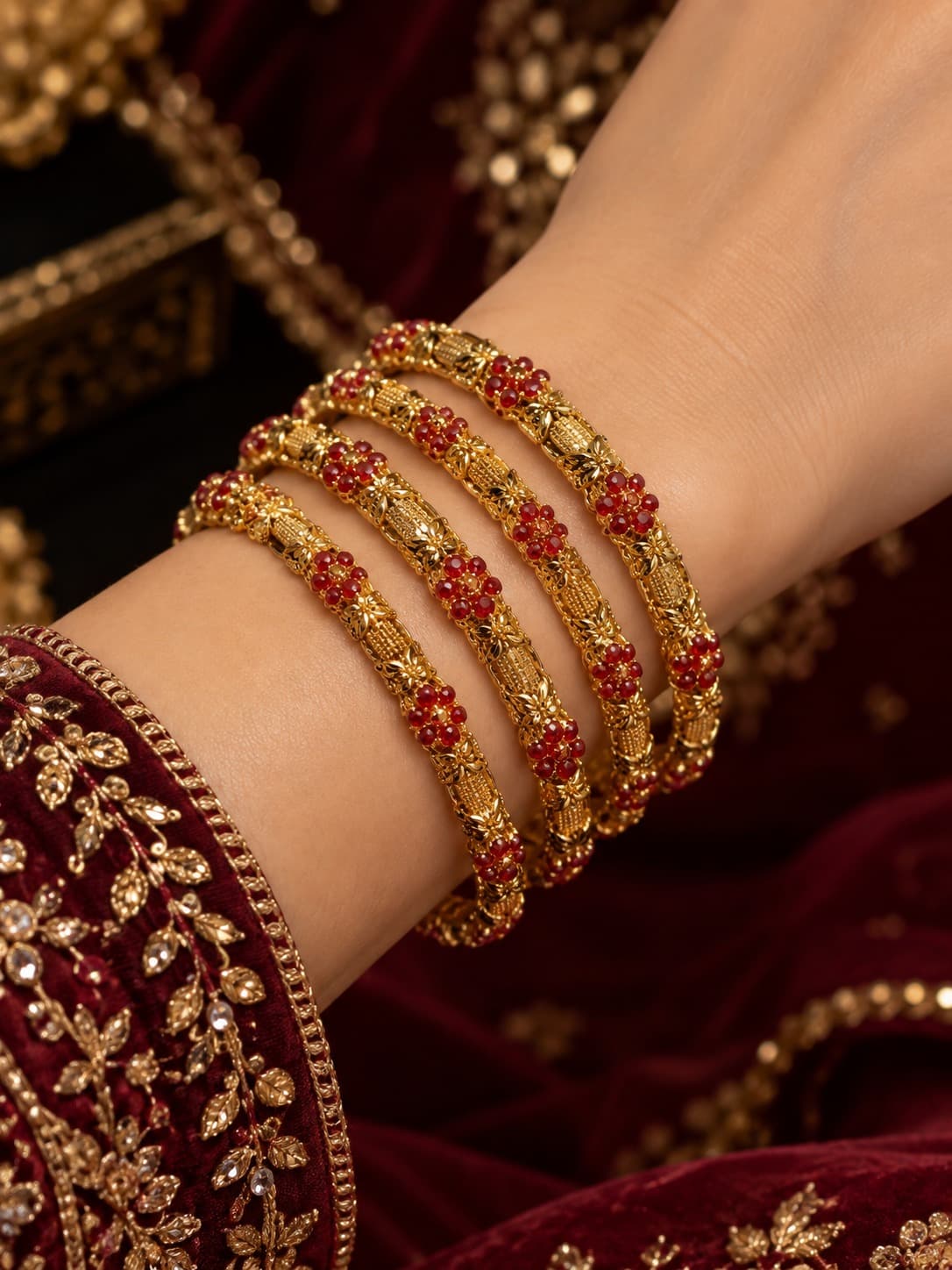 Ruby Red Floral Bangles Pair of 2 - Bangles - 0118