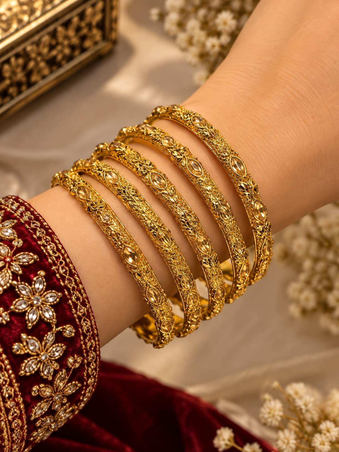 Golden Filigree Bangles- 1 pair of bangle - Bangles - 0132