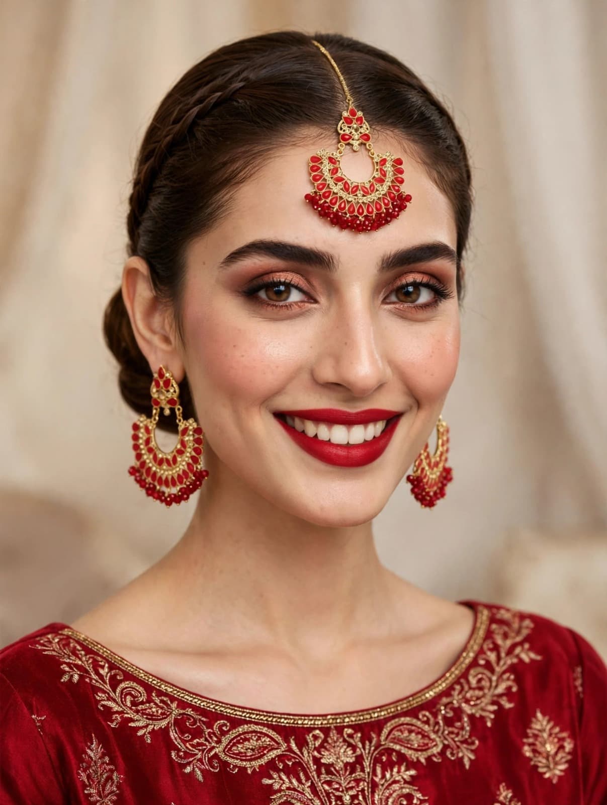 Scarlet Red Chaandbali Earrings with Bindiya - Earring Bindiya - 0140