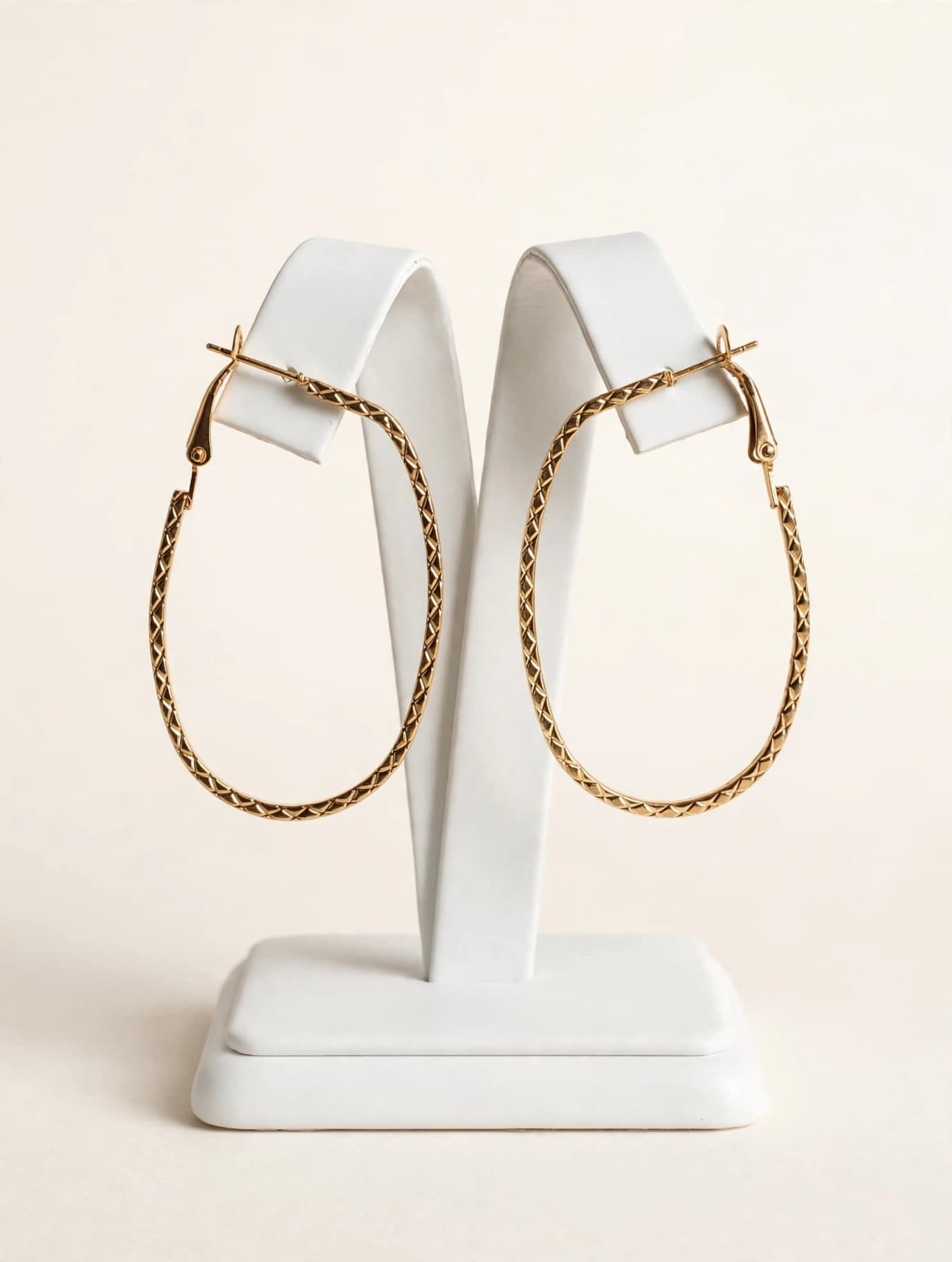 Golden Diamond Textured Oval Hoops Hoops - 233