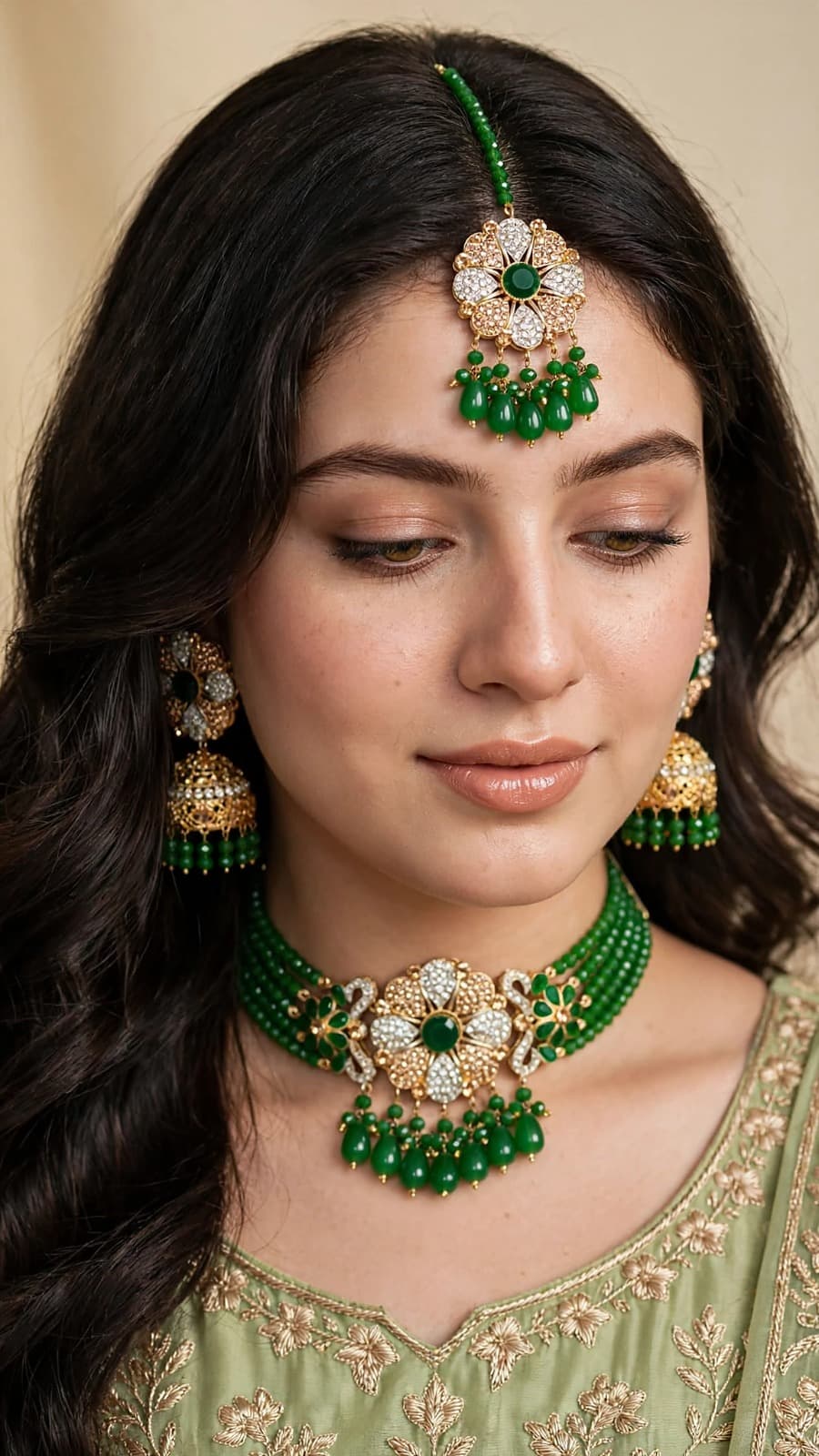 Emerald Green Choker Set-Choker Set - 0300
